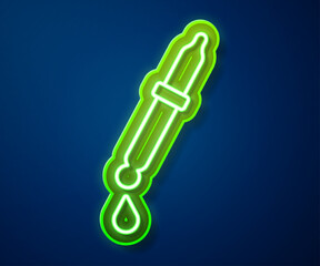 Glowing neon line Pipette icon isolated on blue background. Element of medical, chemistry lab equipment. Pipette with drop. Medicine symbol. Vector