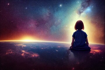 illustration of a girl looking into the universe