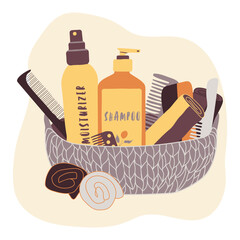 Flat vector illustration with hair care products: hand drawn wicker basket with shampoo and moisturizer. hairbrushes, tube, dispenser and towels in violet, purple and orange colors