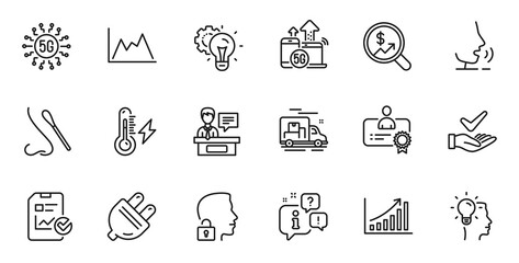 Outline set of Exhibitors, 5g technology and Diagram line icons for web application. Talk, information, delivery truck outline icon. Vector