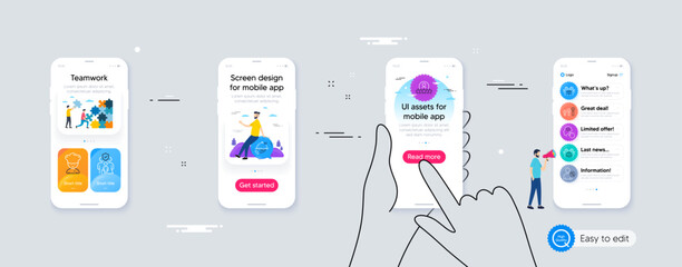 Set of Find user, Select user and Builders union line icons. Phone ui interface. Include Family insurance, Hold box, Customer satisfaction icons. Vector