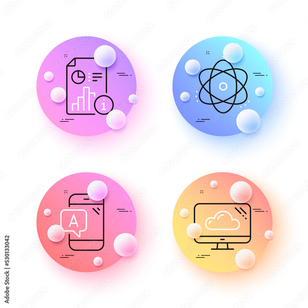 Poster ab testing, atom and cloud storage minimal line icons. 3d spheres or balls buttons. report icons. fo