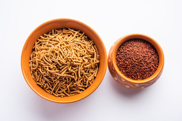 Nachni or Ragi Sev is a delicious crispy noodle made from finger millets, healthy Indian food