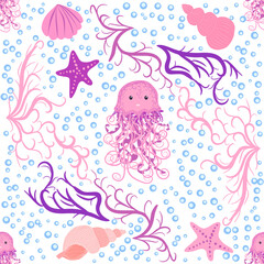 Seamless pattern with detailed transparent jellyfish. Childish seamless pattern with cute hand drawn fishes and jellyfishes in doodle style. Trendy nursery background