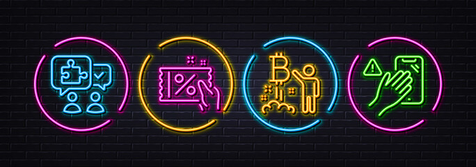 Discount coupon, Bitcoin project and Puzzle minimal line icons. Neon laser 3d lights. Dont touch icons. For web, application, printing. Sale flyer, Cryptocurrency startup, Jigsaw chat. Vector