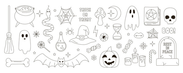 A set of line elements for Halloween. Objects in the groovy style of retro 60-70s. Illustration for coloring