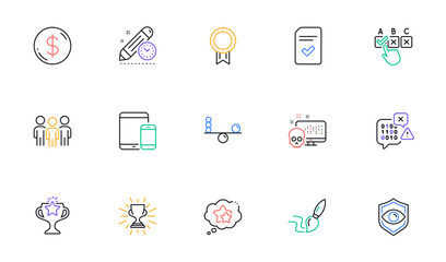 Reward, Cyber attack and Correct checkbox line icons for website, printing. Collection of Trophy, Brush, Group icons. Project deadline, Eye detect, Binary code web elements. Balance. Vector