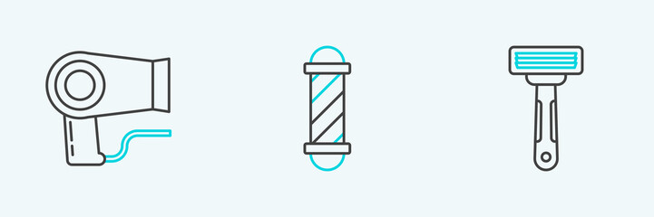 Set line Shaving razor, Hair dryer and Classic Barber shop pole icon. Vector