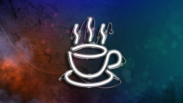 Neon coffee sign illuminated dark marble wall, looped switch