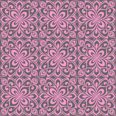 Fototapeta premium seamless graphic pattern, floral pink ornament tile on gray background, texture, design