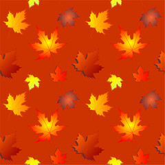 Naklejka na ściany i meble seamless asymmetrical pattern of autumn maple leaves on orange background, texture, design