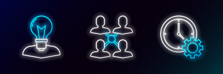 Set line Time Management, Human head with lamp bulb and Project team base icon. Glowing neon. Vector