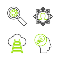 Set line Human head with lamp bulb, Ladder leading to cloud, Project team base and Magnifying glass and gear icon. Vector