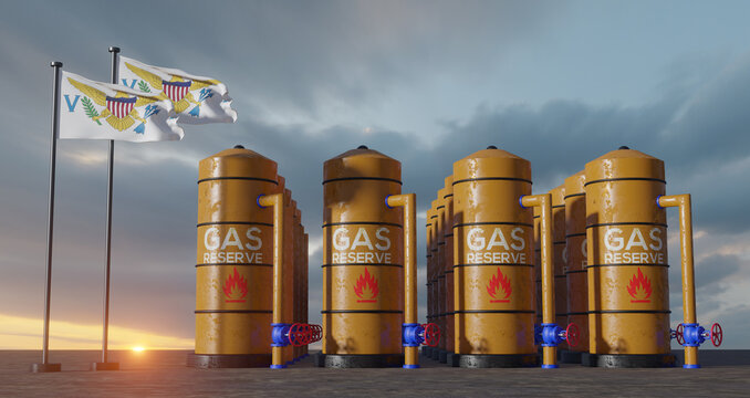 United States Virgin Islands Gas Reserve, United States Virgin Islands Gas Storage Reservoir, Natural Gas Tank USVI With Flag US Virgin Islands, Sanction On Gas, 3D Work And 3D Image