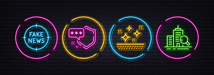 Fake news, Clean skin and Shield minimal line icons. Neon laser 3d lights. Inspect icons. For web, application, printing. Wrong information, Face cream, Safe secure. Search building. Vector