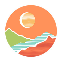 Natural landscape in round banner, sun above mountain  picks