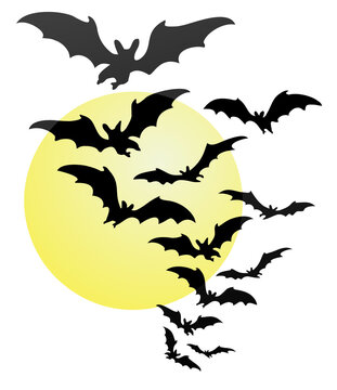 A flock of bats flying in front of a full moon