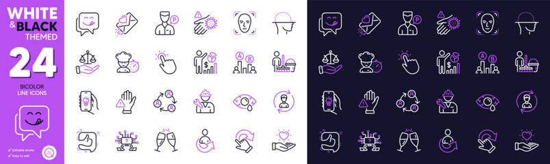 Ab testing, Dont touch and Love letter line icons for website, printing. Collection of Chef, Electric app, Yummy smile icons. Like, Share, Cleaning web elements. Champagne glasses. Vector