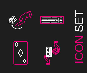Set line Casino chips exchange on stacks of dollars, Playing card with diamonds symbol, Deck playing cards and Human hand throwing game dice icon. Vector