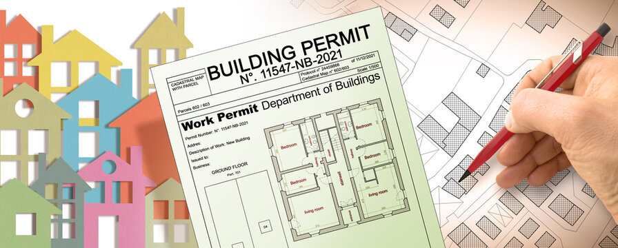 Building Permit concept with imaginary General Urban Plan and cadastral map