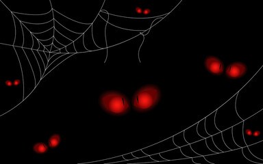 Creepy eyes and cobweb background. Scary halloween symbol isolated on black vector illustration. Design for banner, background, postcard