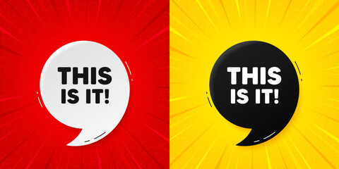 This is it tag. Flash offer banner with quote. Special offer sign. Super promotion symbol. Starburst beam banner. This is it speech bubble. Vector