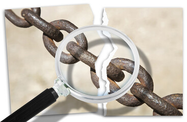 Look for the reasons for relationship break-ups - breaking the chains - Focus concept with a ripped photo of an old rusty metal chain seen through a magnifying glass