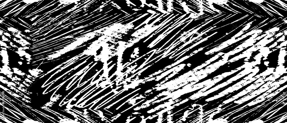 Poster Monochrome texture composed of irregular graphic elements. Distressed uneven grunge background. Abstract vector illustration. Overlay for interesting effect and depth. Isolated on white background.