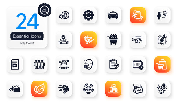 Set of Business flat icons. Eco organic, Painting brush and Recovery gear elements for web application. Calendar, Business idea, Push cart icons. Flights application, Payment method. Vector