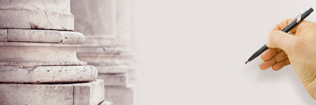 Base of the marble columns of a romanesque medieval Italian church - web banner design concept with hand writing