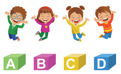 learning letters happy kids jumping on cubes