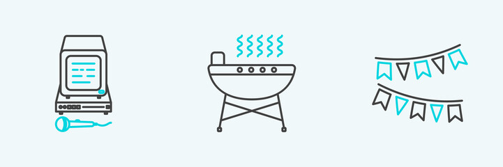 Set line Carnival garland with flags, Karaoke and Barbecue grill icon. Vector