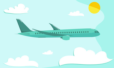 A passenger plane is flying in the sky with clouds and the sun.  The illustration is made in a flat style.