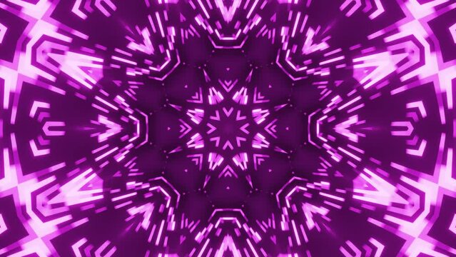 Psychedelic mandala  pattern with abstract neon glowing lines. Bright neon glowing geometric mosaic in futuristic design. Modern vj loop night club or party background