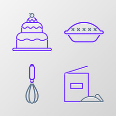 Set line Flour pack, Kitchen whisk, Homemade pie and Cake icon. Vector