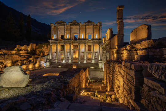 Celsus Library In The Ancient City Of Ephesus In Izmir, Turkey. Evening Lights Burned Out