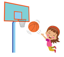 Cute Girl Playing Basketball. Throwing a Basketball