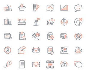 Business icons set. Included icon as 5g upload, Palette and Luggage insurance web elements. Volunteer, Buildings, Manual icons. Online voting, Leadership, Arena stadium web signs. Vector