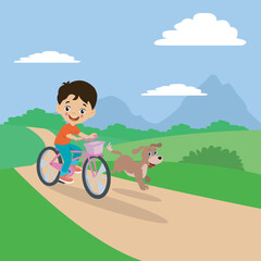 Obraz na płótnie Canvas cute boy riding a bike with his dog
