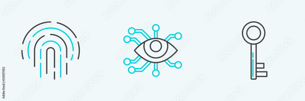 Poster set line key, fingerprint and eye scan icon. vector