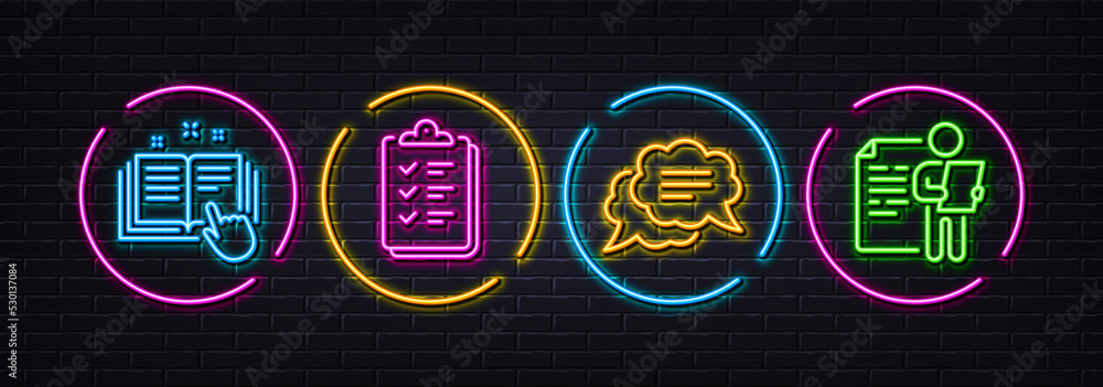 Poster text message, checklist and technical documentation minimal line icons. neon laser 3d lights. job in
