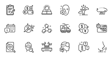 Outline set of Face declined, Inspect and Chemistry molecule line icons for web application. Talk, information, delivery truck outline icon. Vector