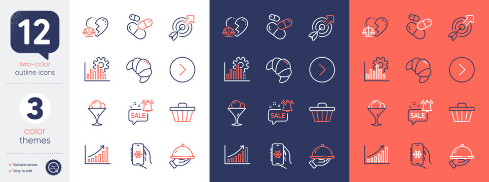 Set of Divorce lawyer, Graph chart and Restaurant food line icons. Include Shop cart, Air conditioning, Capsule pill icons. Target, Ice cream, Seo graph web elements. Promotion bell. Vector