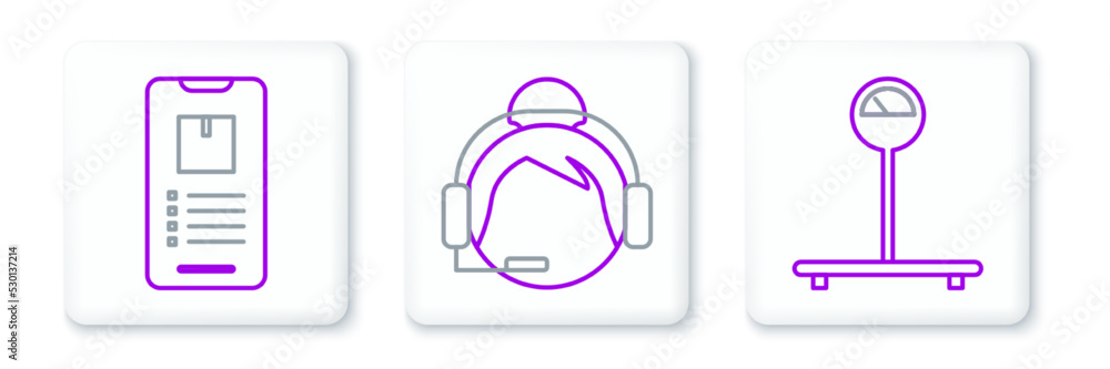 Poster set line scale, mobile phone with app delivery tracking and support operator touch icon. vector