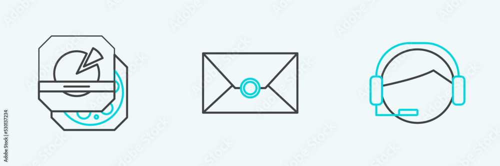 Poster set line support operator in touch, pizza cardboard box and envelope icon. vector