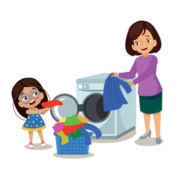 washing machine cute little girl helps her mother wash her clothes