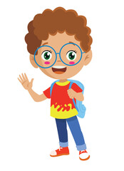 Happy Boy Child Ready For School With Book And Bag