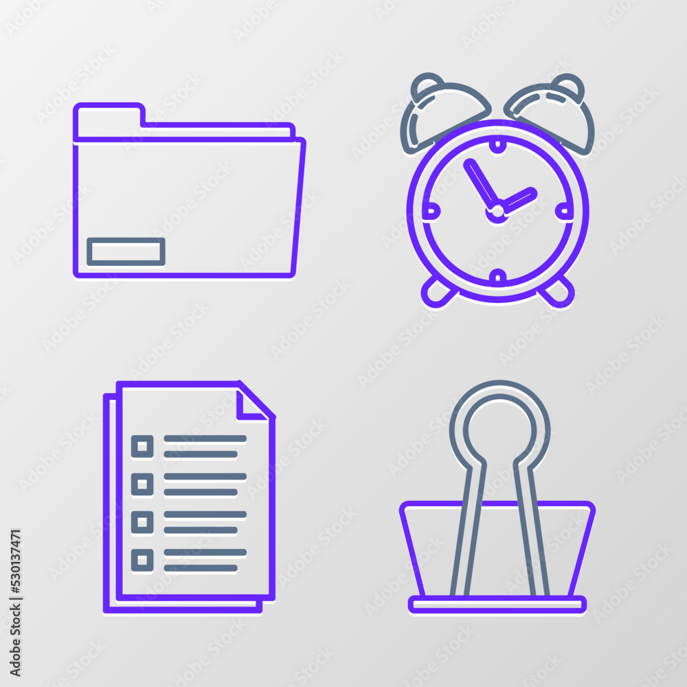Poster set line binder clip, file document, alarm clock and document folder icon. vector