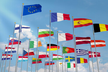 The flag of the European Union with the flags of the European Union waving in the sky ,Close-up