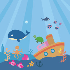 Fototapeta premium sunken ship fishes and submarine